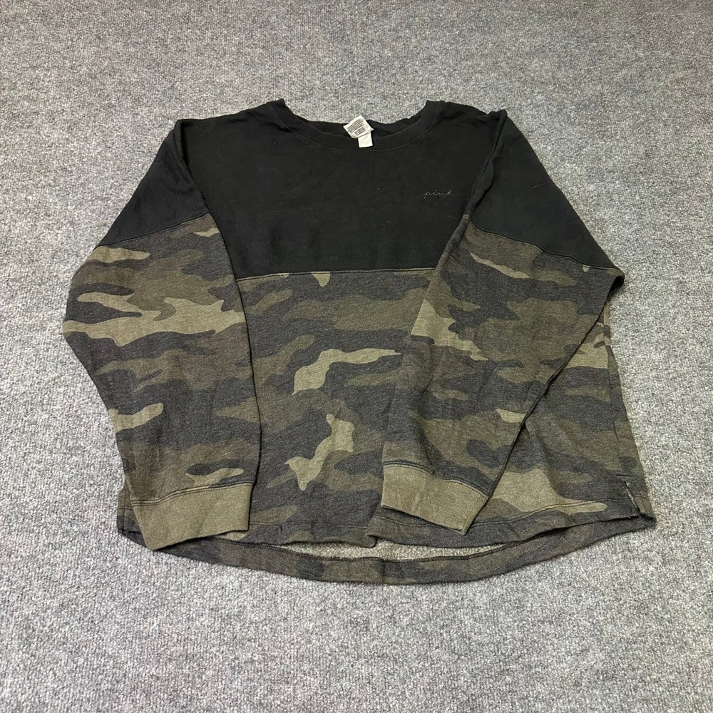 Pink Sweatshirt Womens Size XL Black Green Camo Colorblock Relaxed Pullover